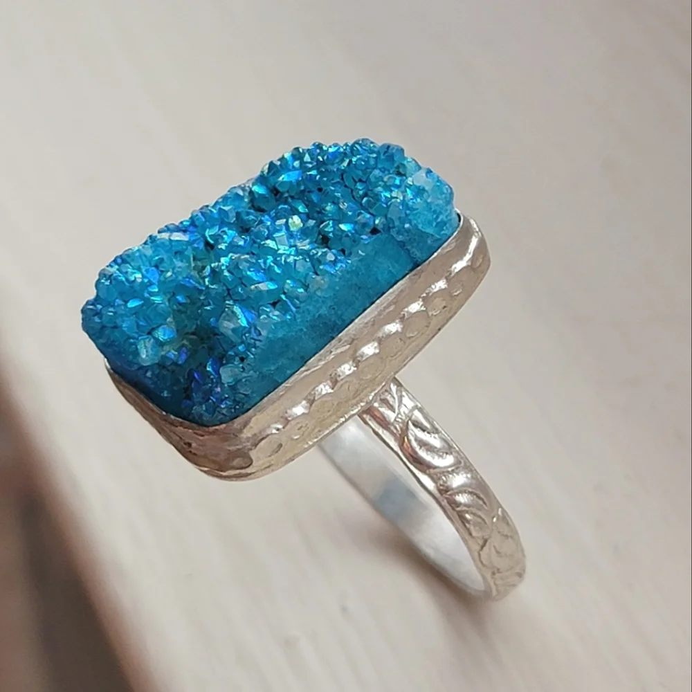 Blue Druzy Crystal Ring Silver Tone Size 11 Handmade 925 ? Signed